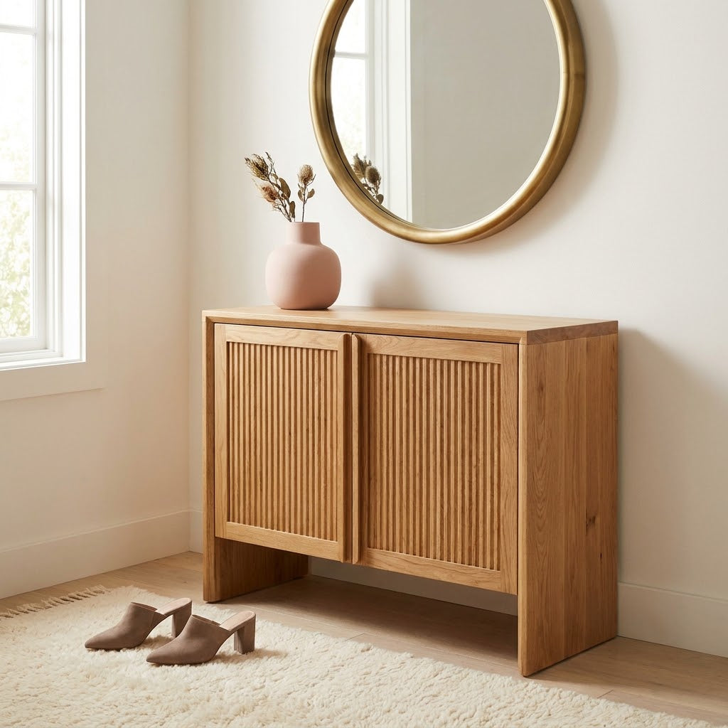 Solid oak console table with fluted doors in an entryway