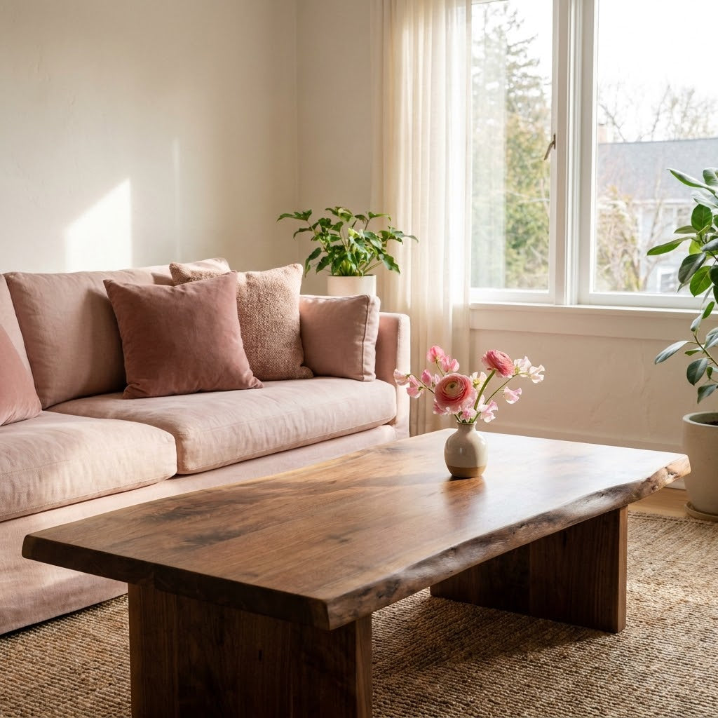 Solid walnut live-edge coffee table in a bright living room