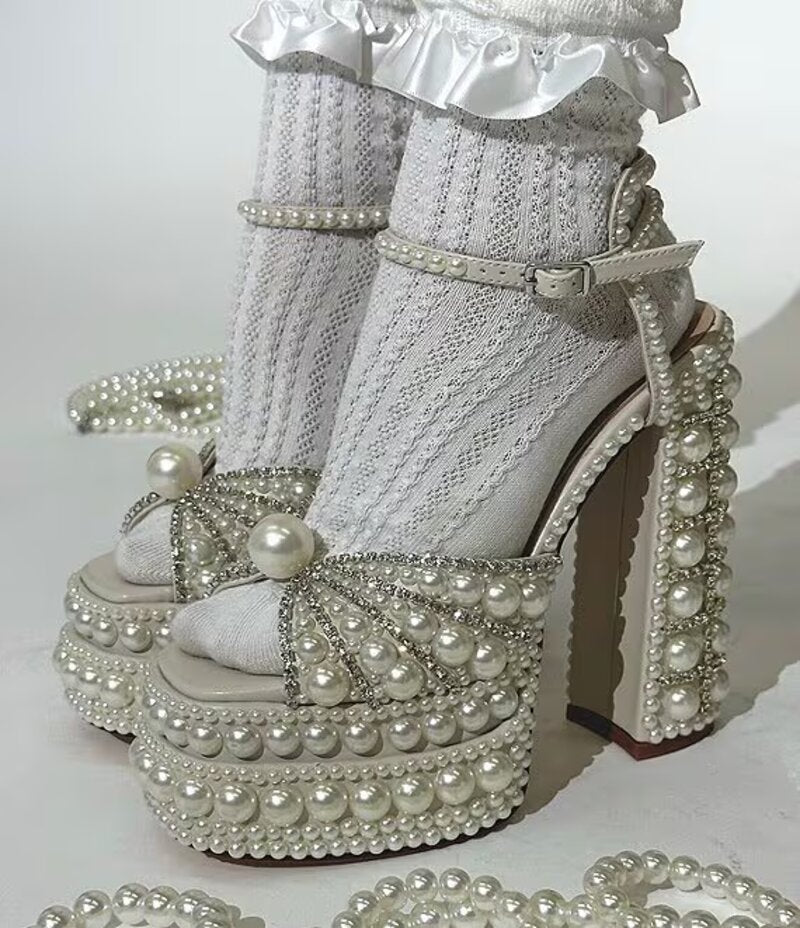 Astrella Pearl Embellished Platform Dress Sandals Women's Heels
