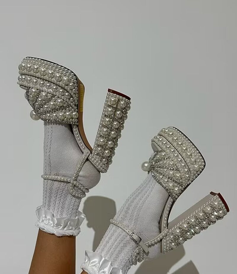 Astrella Pearl Embellished Platform Dress Sandals Women's Heels