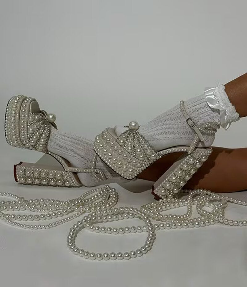 Astrella Pearl Embellished Platform Dress Sandals Women's Heels