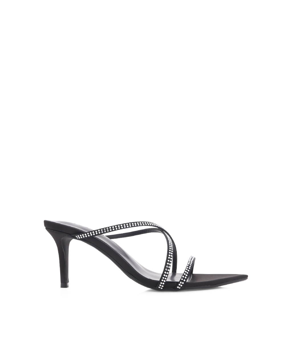 Effy Mid Stiletto Open-Toe Mule, Black Satin/Diamante – Alicia Shoes, Hialeah FL