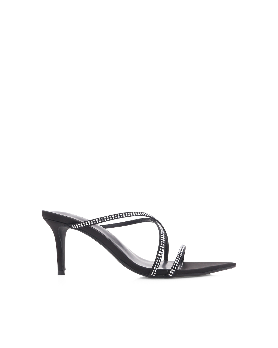 Effy Mid Stiletto Open-Toe Mule, Black Satin/Diamante – Alicia Shoes, Hialeah FL