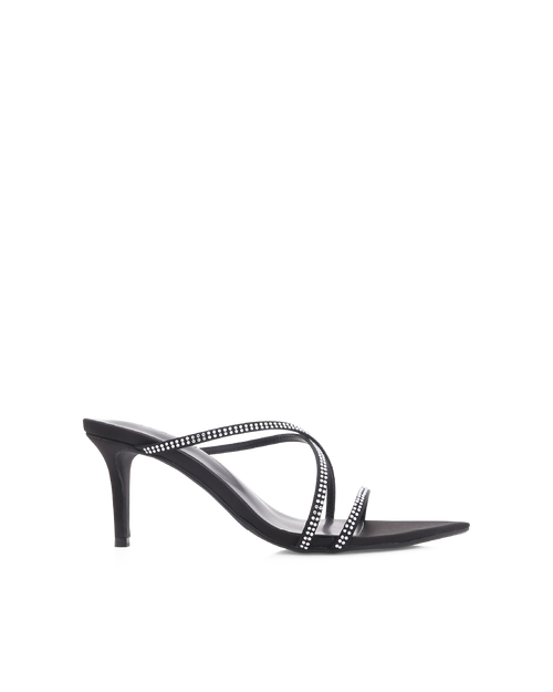 Effy Mid Stiletto Open-Toe Mule, Black Satin/Diamante – Alicia Shoes, Hialeah FL