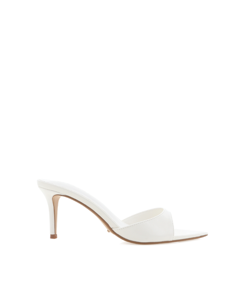 Ensley Mid Stiletto Open-Toe Mule, White Shine – Alicia Shoes, Hialeah FL