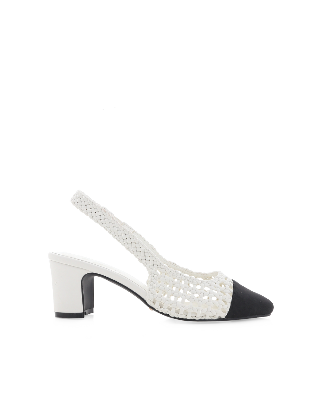 Floris Low Block Heel Slingback Pump, White/Black Grosgrain – Alicia Shoes, Hialeah FL