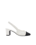 Floris Low Block Heel Slingback Pump, White/Black Grosgrain – Alicia Shoes, Hialeah FL