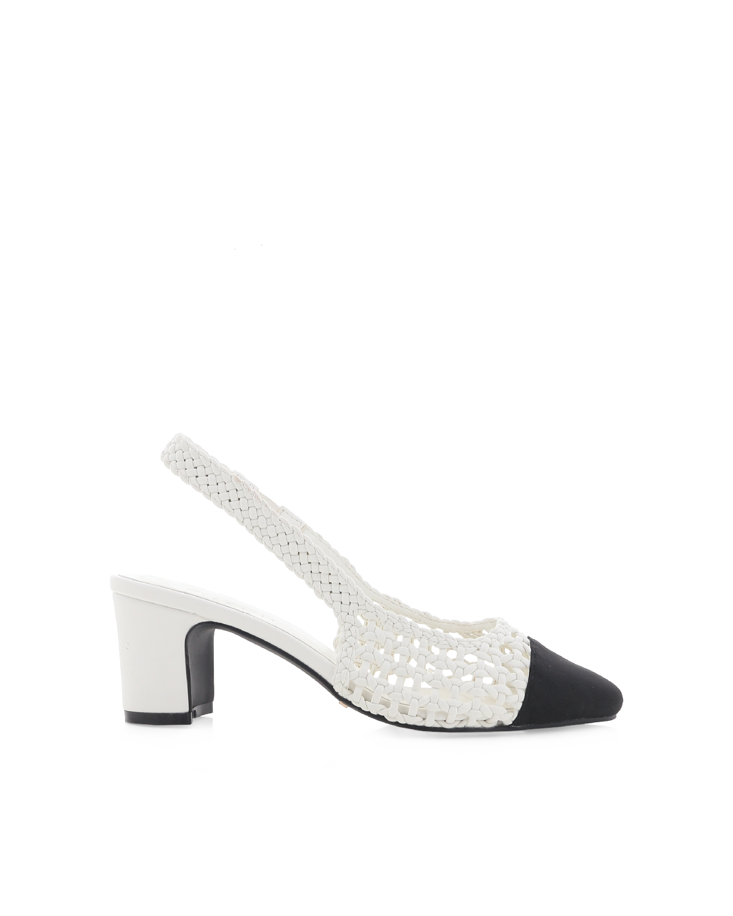 Floris Low Block Heel Slingback Pump, White/Black Grosgrain – Alicia Shoes, Hialeah FL