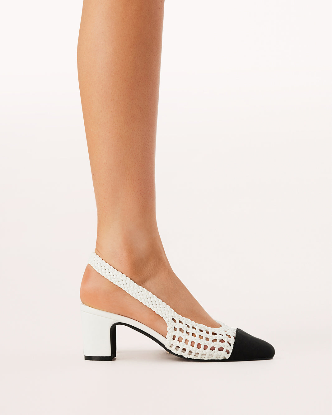 Floris Low Block Heel Slingback Pump, White/Black Grosgrain – on foot, view 4