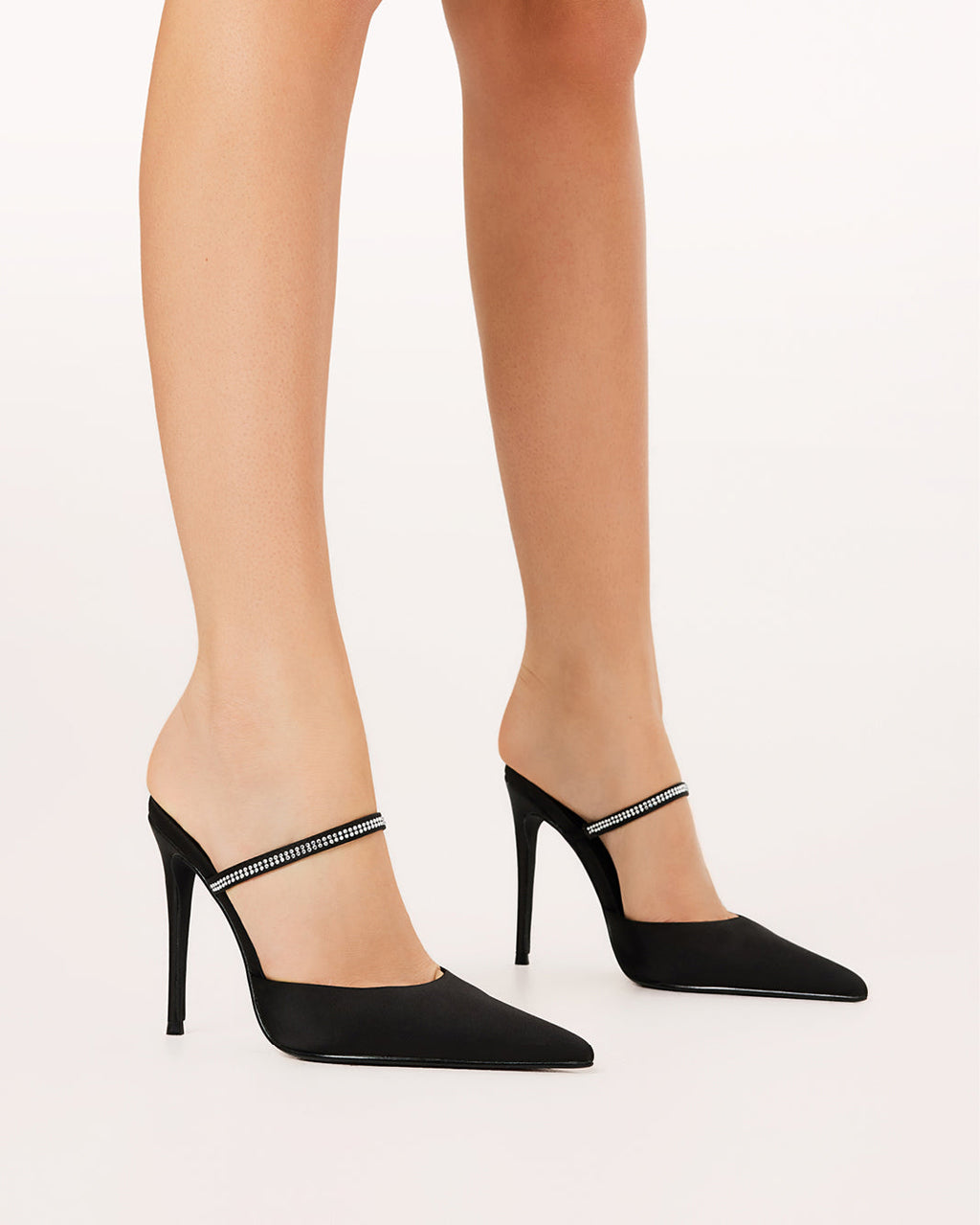 Gianella High Stiletto Pointed-Toe Mule, Black Satin – on foot, view 3