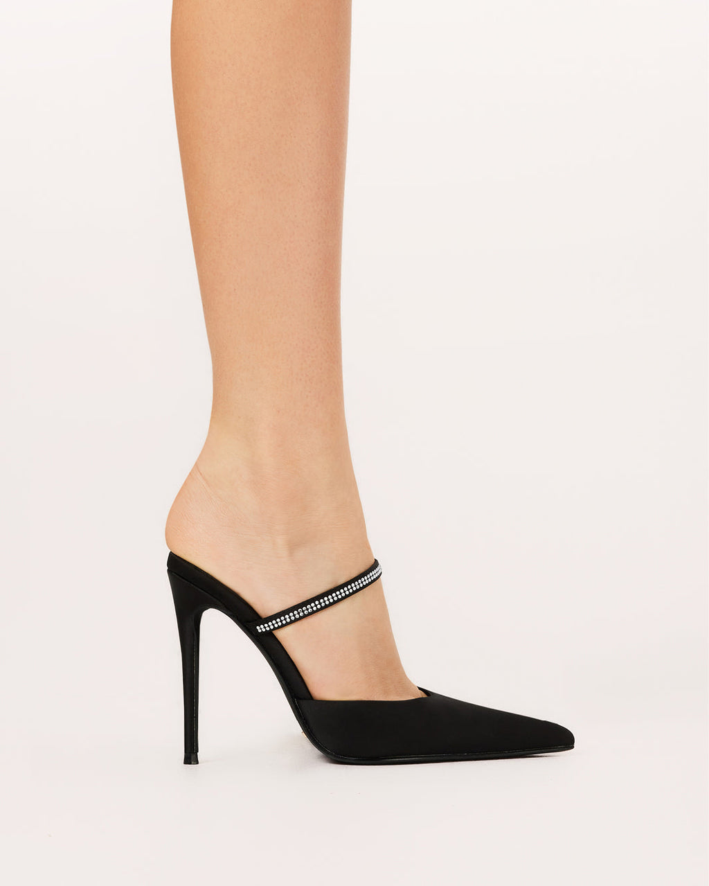 Gianella High Stiletto Pointed-Toe Mule, Black Satin – on foot, view 4