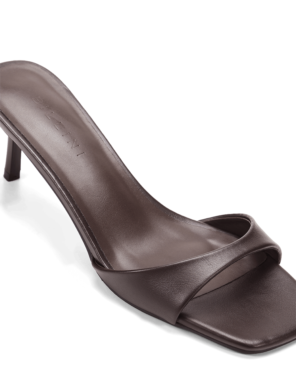 Haddison Mid Stiletto Square-Toe Mule, Dark Cacao – on foot, view 4