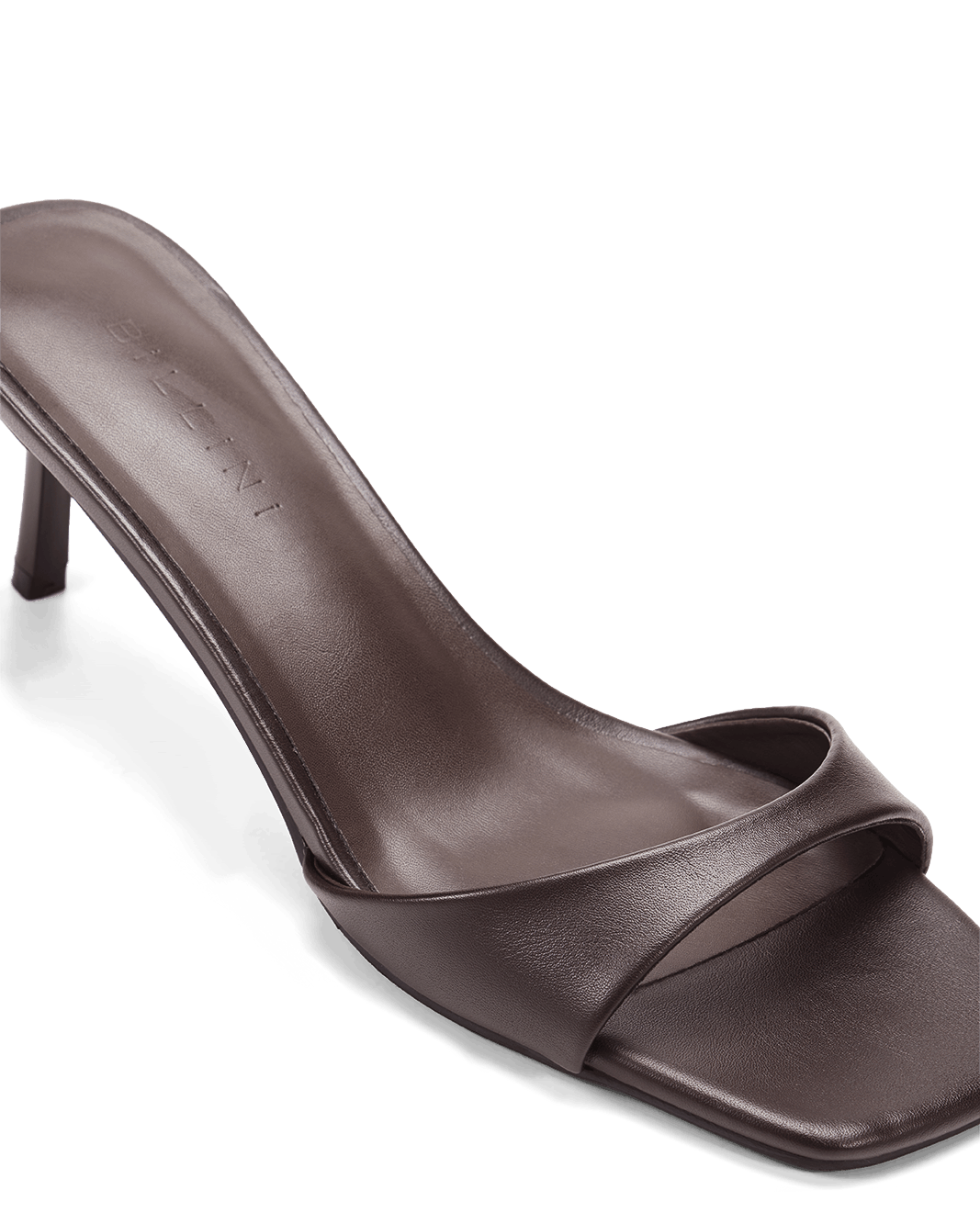 Haddison Mid Stiletto Square-Toe Mule, Dark Cacao – on foot, view 4