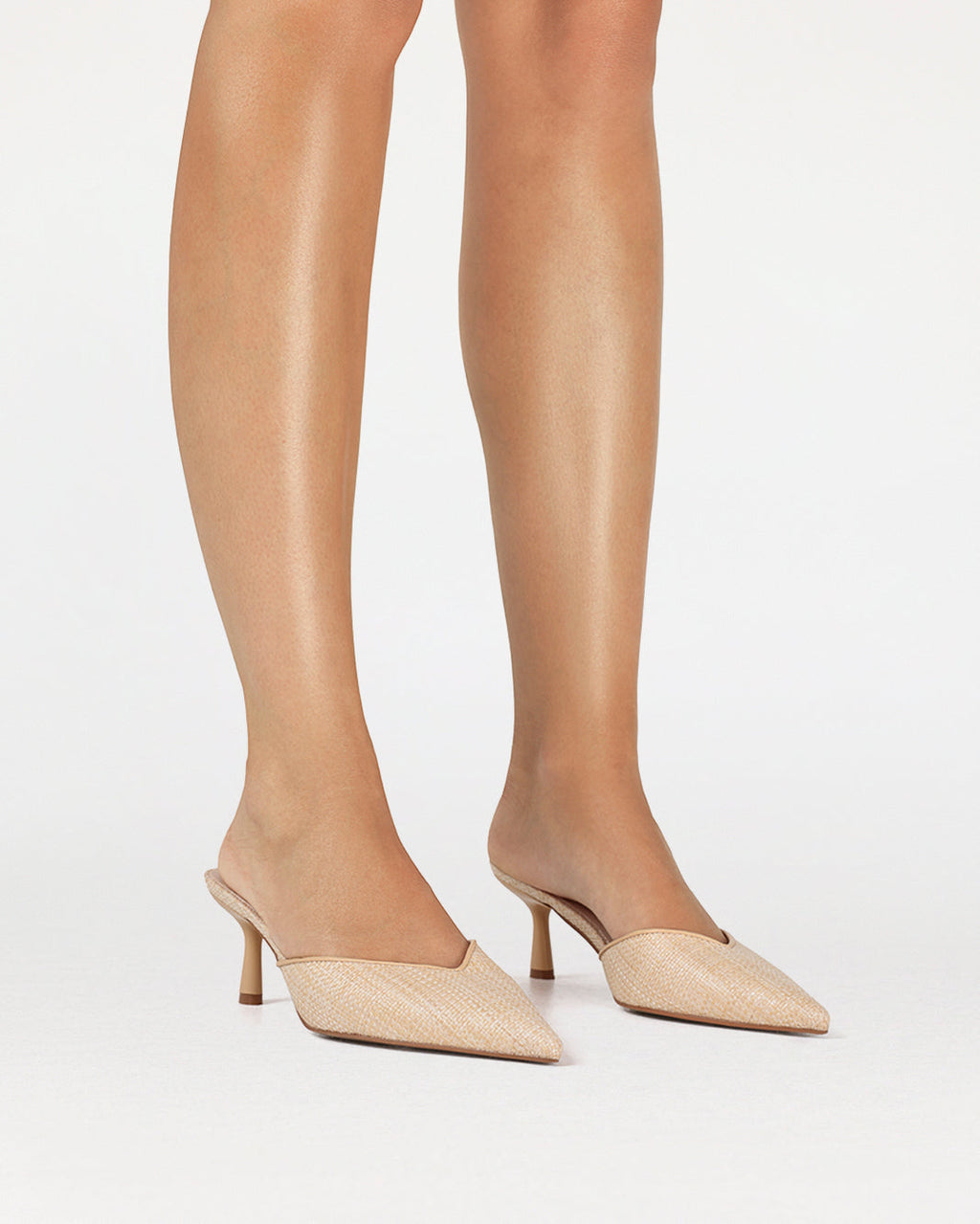 Kayson Low Stiletto Pointed-Toe Mule, Natural Raffia – on foot, view 2