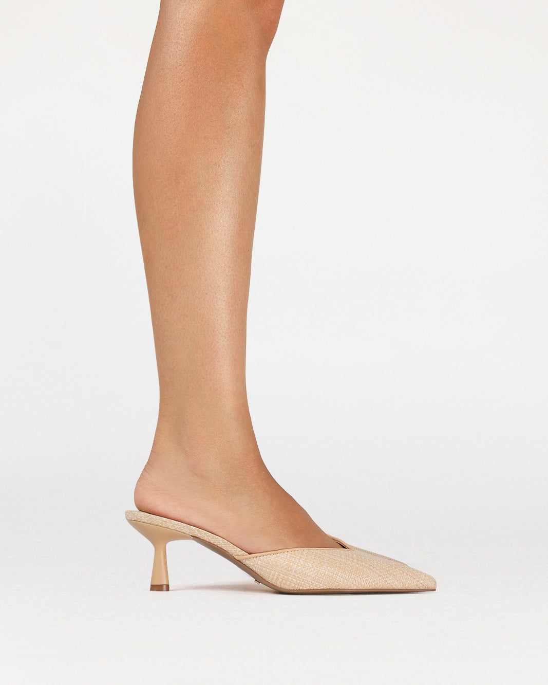 Kayson Low Stiletto Pointed-Toe Mule, Natural Raffia – on foot, view 3