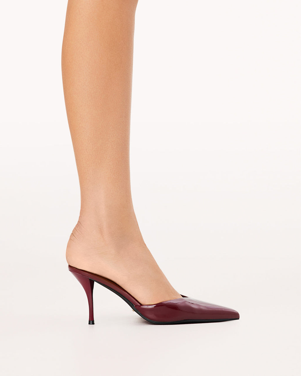 Manson Mid Stiletto Pointed-Toe Mule, Cherry Patent – on foot, view 3