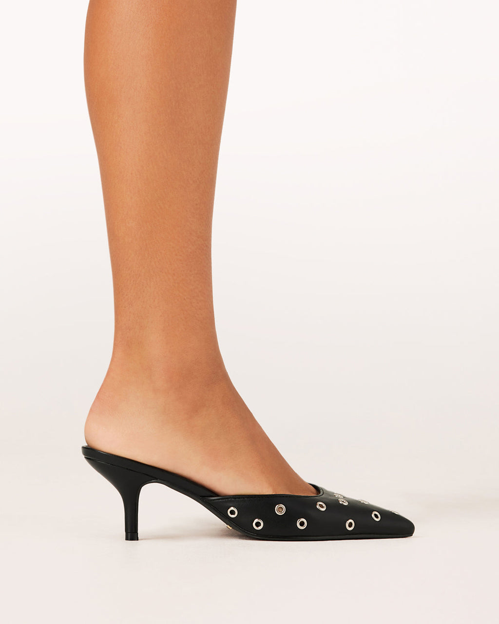 Miles Low Stiletto Pointed-Toe Mule, Black – on foot, view 3