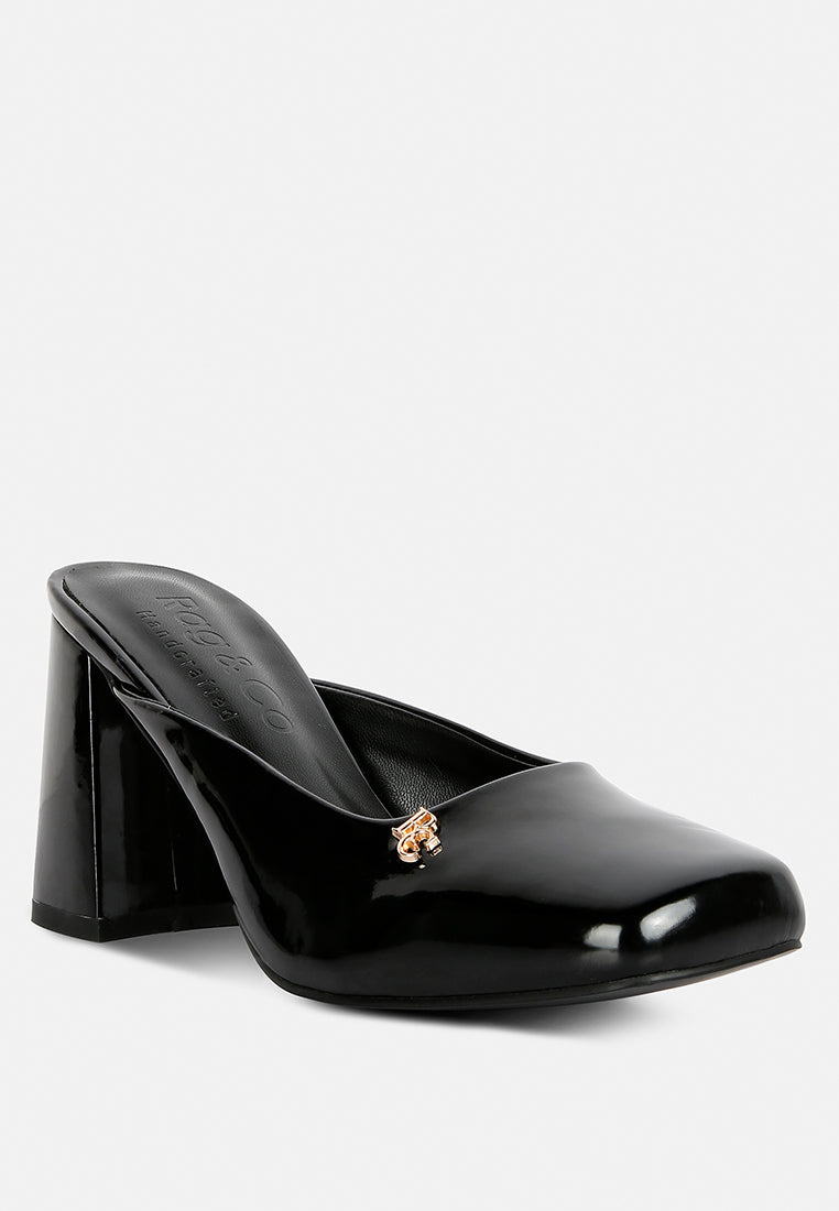 NEOPLAST Black Patent Faux Leather Block Heeled Mules