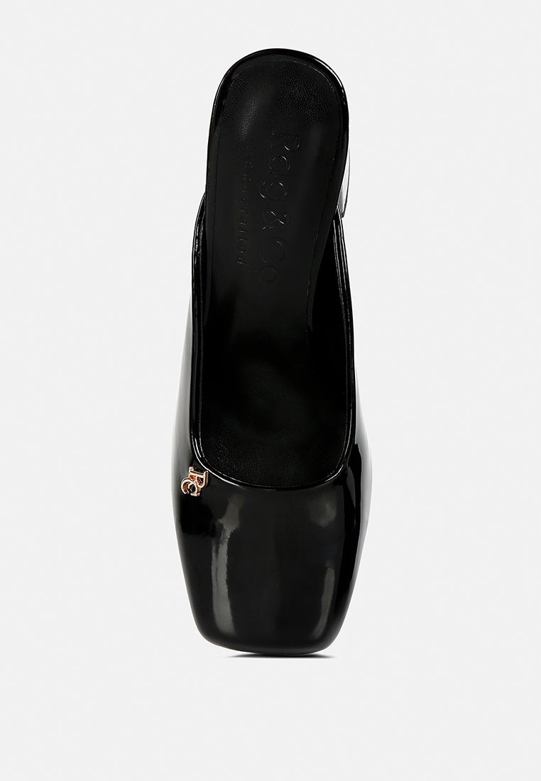 NEOPLAST Black Patent Faux Leather Block Heeled Mules