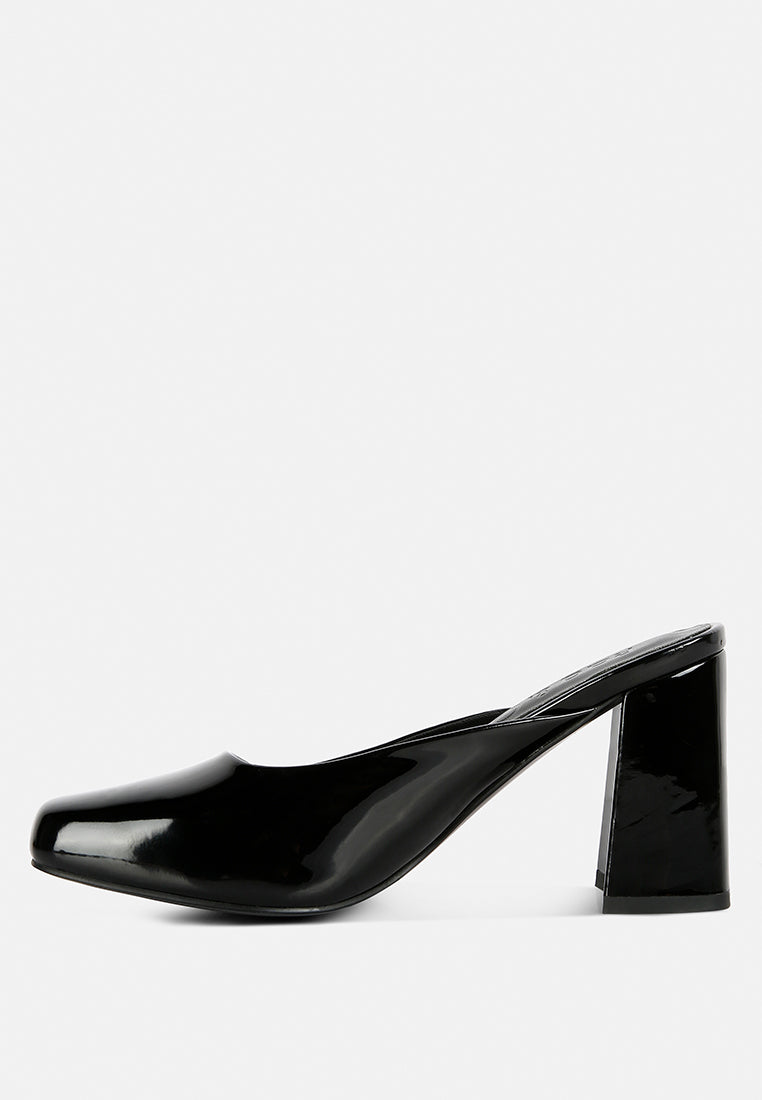 NEOPLAST Black Patent Faux Leather Block Heeled Mules