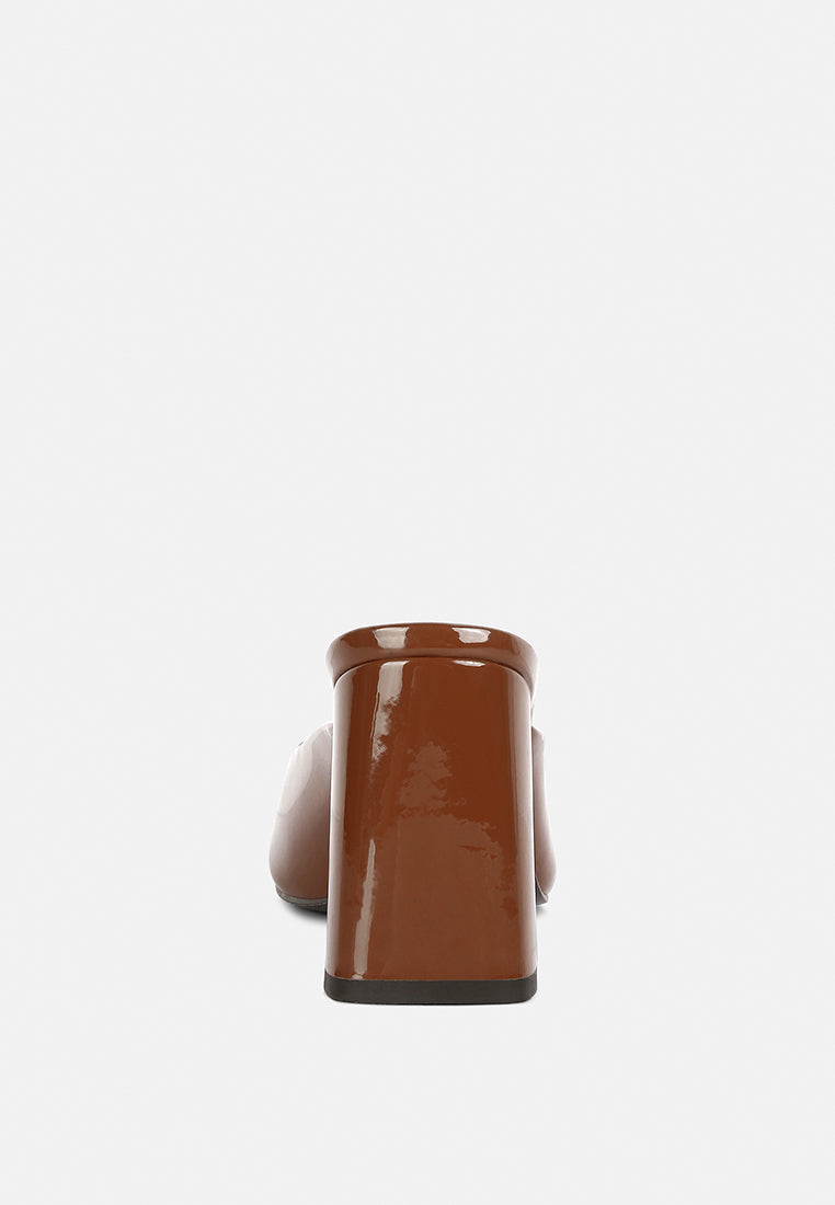 NEOPLAST Brown Patent Faux Leather Block Heeled Mules