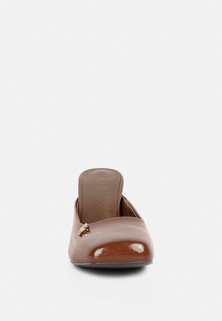 NEOPLAST Brown Patent Faux Leather Block Heeled Mules