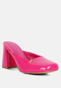 NEOPLAST Pink Patent Faux Leather Block Heeled Mules
