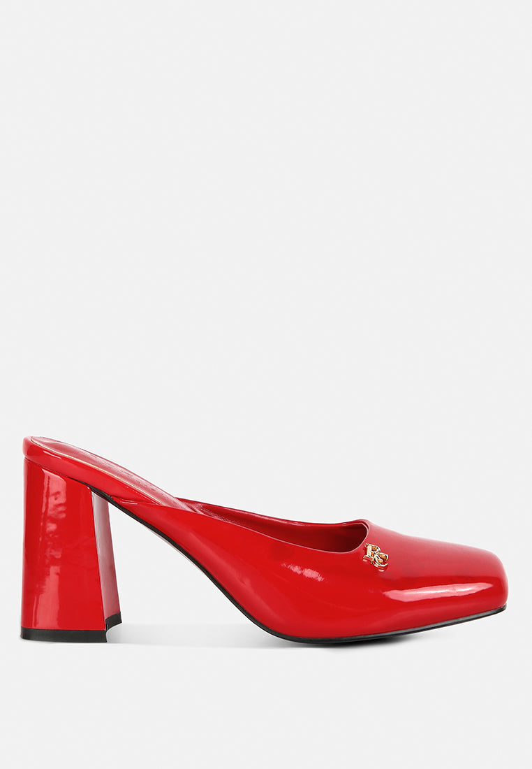 NEOPLAST Red Patent Faux Leather Block Heeled Mules