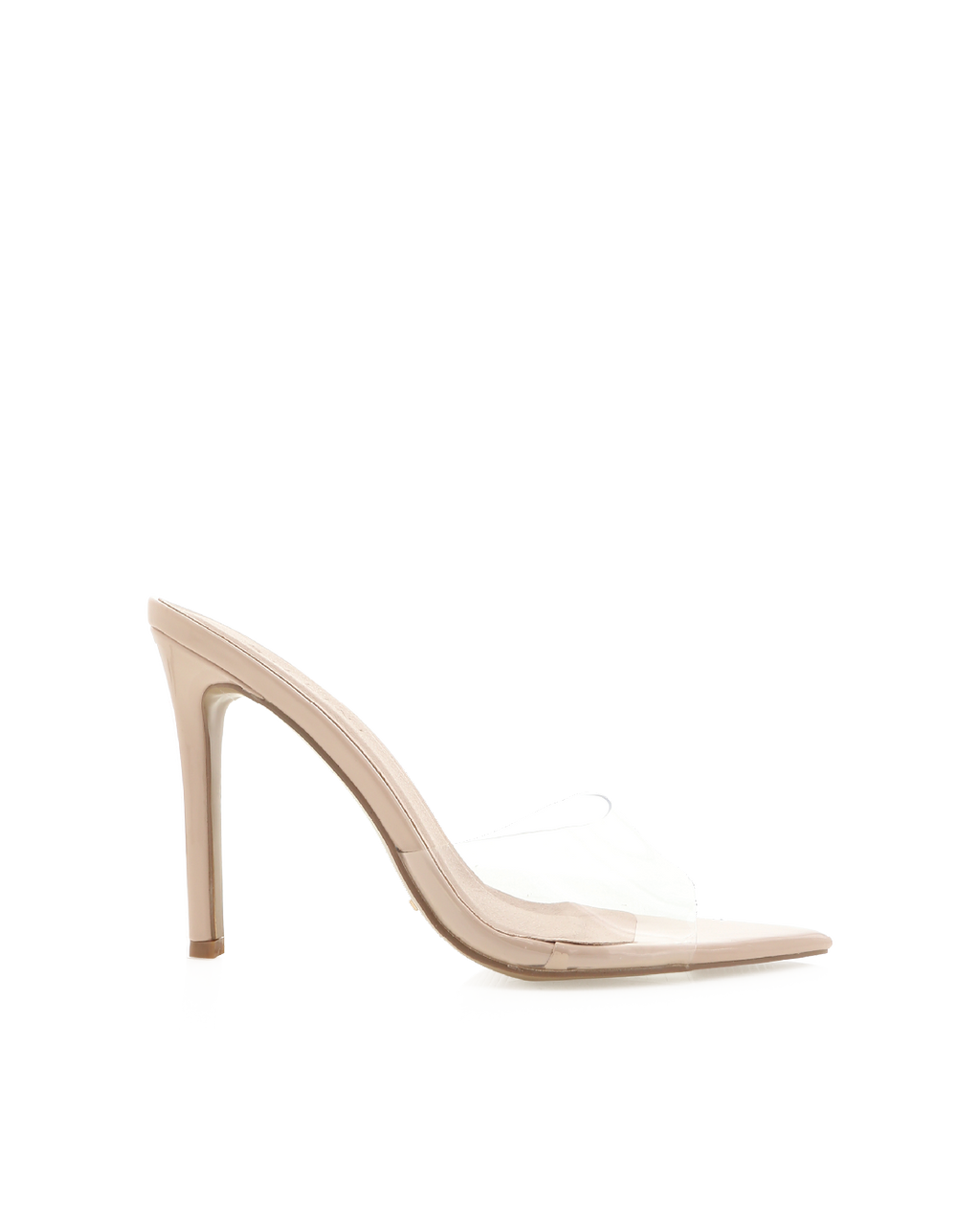 Quinette High Stiletto Open-Toe Mule, Nude Patent/Clear – Alicia Shoes, Hialeah FL