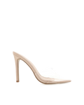 Quinette High Stiletto Open-Toe Mule, Nude Patent/Clear – Alicia Shoes, Hialeah FL