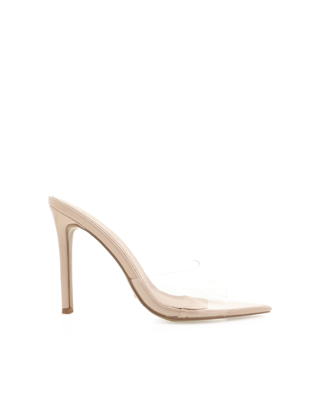 Quinette High Stiletto Open-Toe Mule, Nude Patent/Clear – Alicia Shoes, Hialeah FL