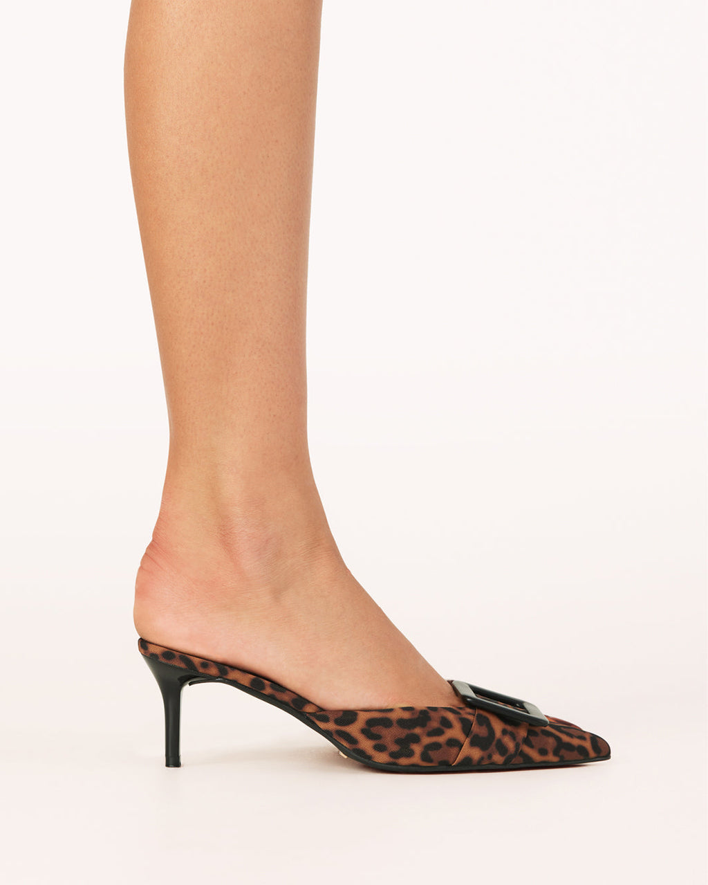 Yorkie Mid Stiletto Pointed-Toe Mule, Leopard – on foot, view 4