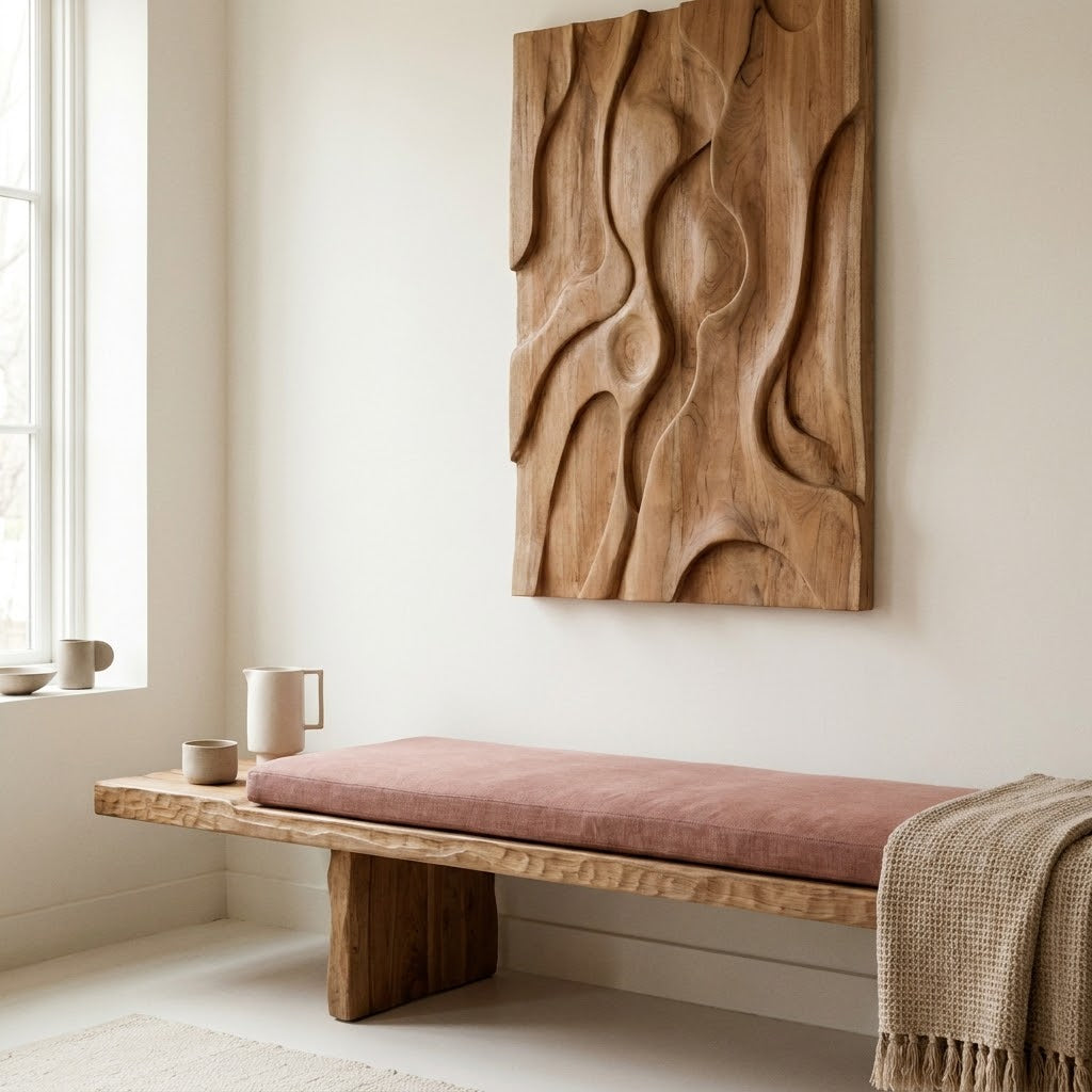 Hand-carved wood bench and wall panel