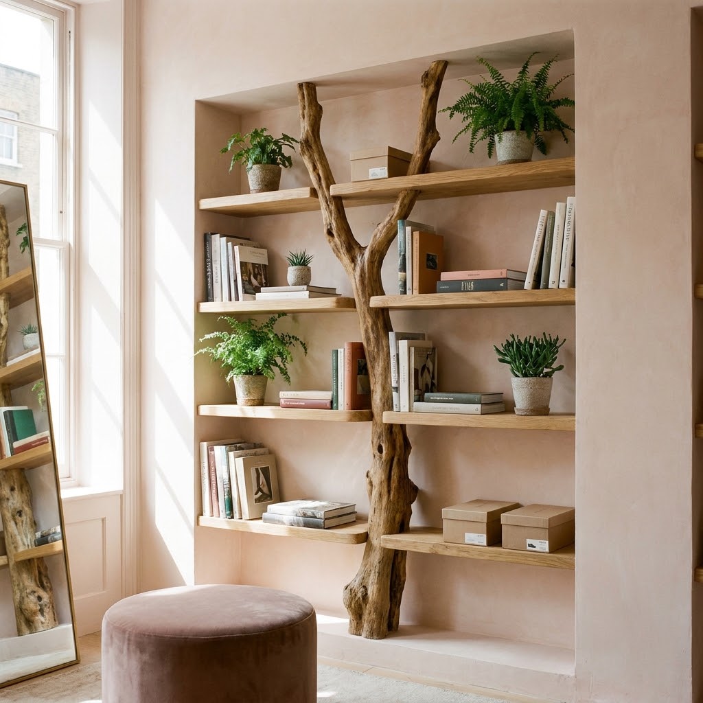 Tree branch solid wood bookshelf on a blush wall