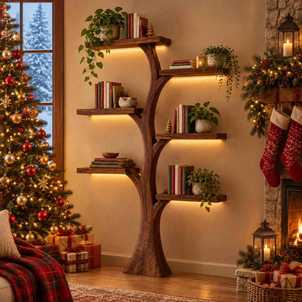 Rowan Tree Bookshelf with Light in a Christmas living room