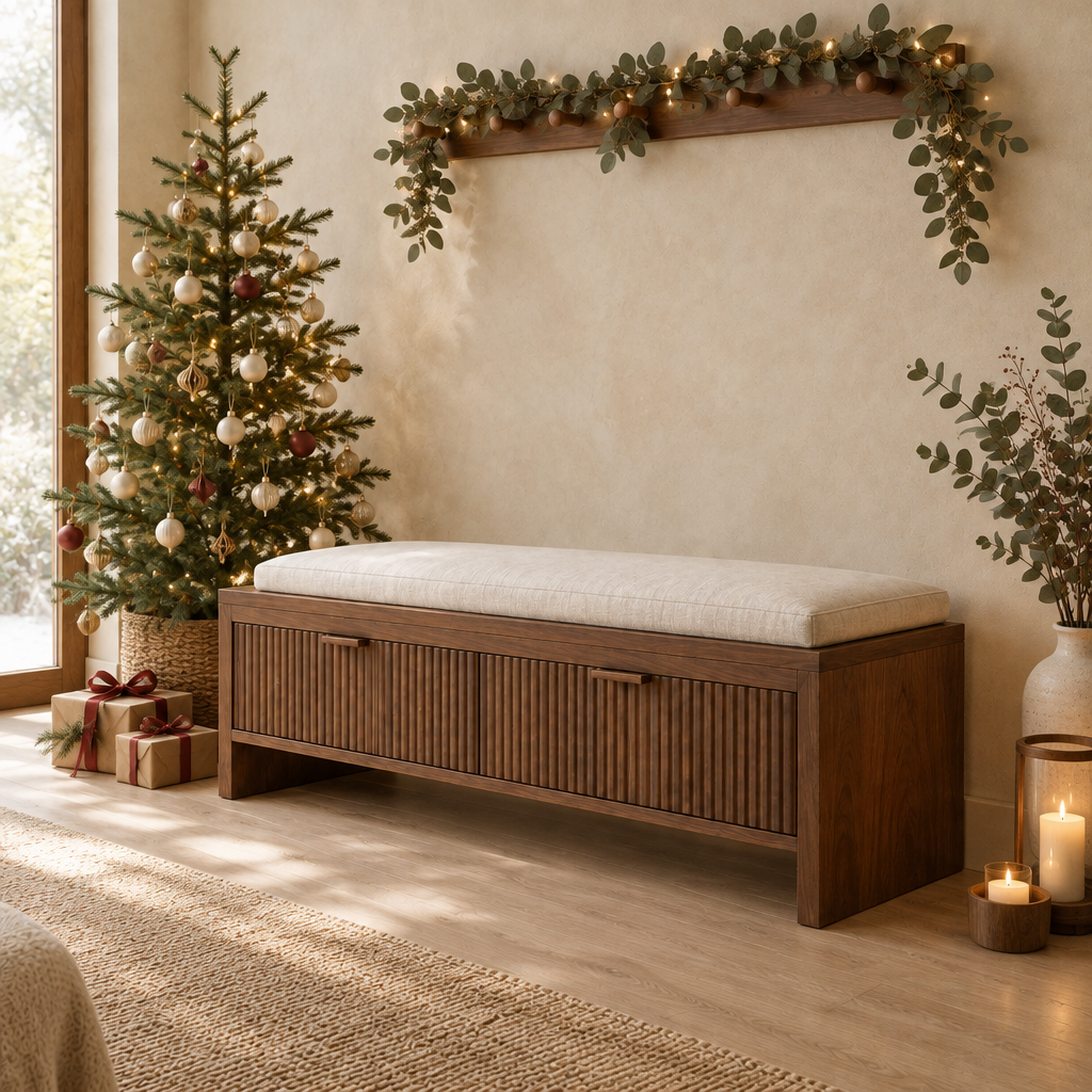 Halden Storage Entry Bench in a Christmas living room