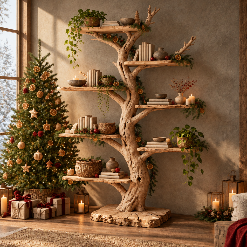 Tidewood Freestanding Tree Bookshelf in a Christmas living room