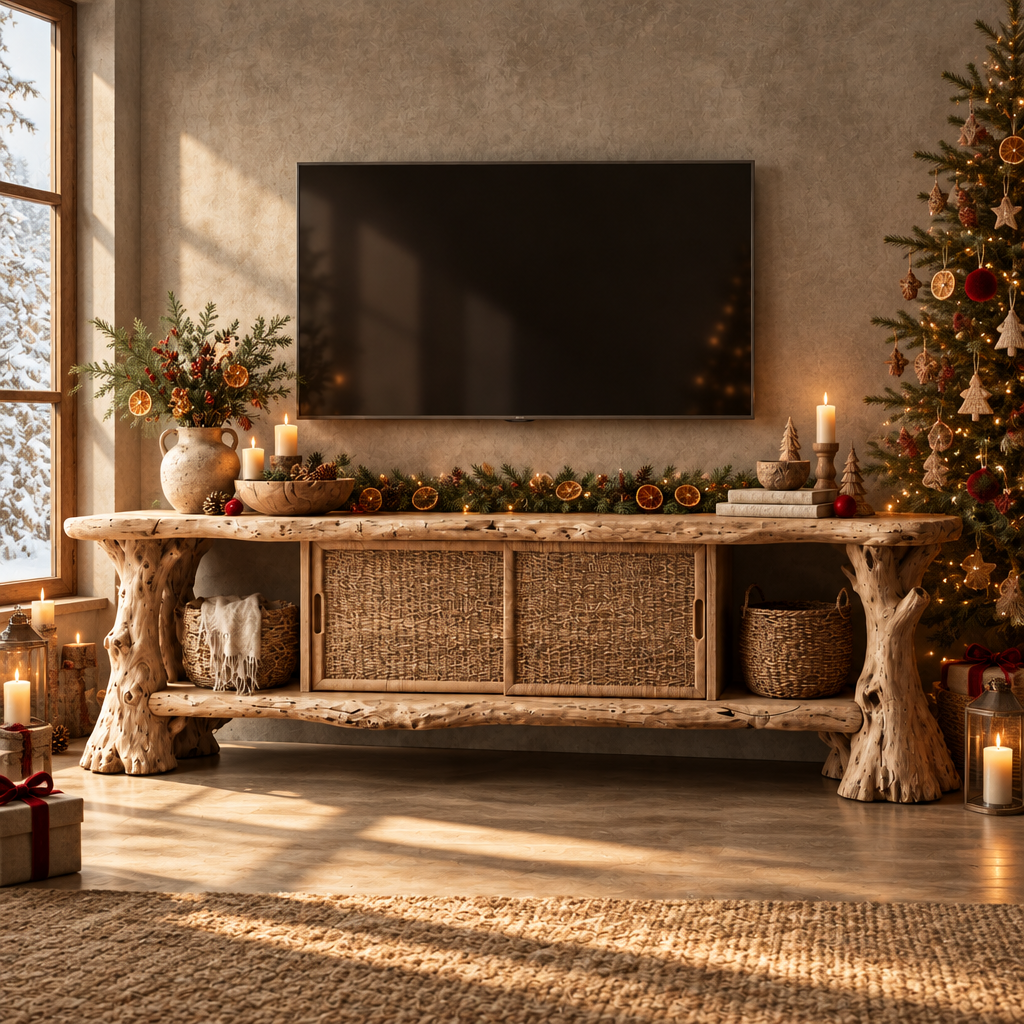 Tidewood Driftwood Media Console in a Christmas living room