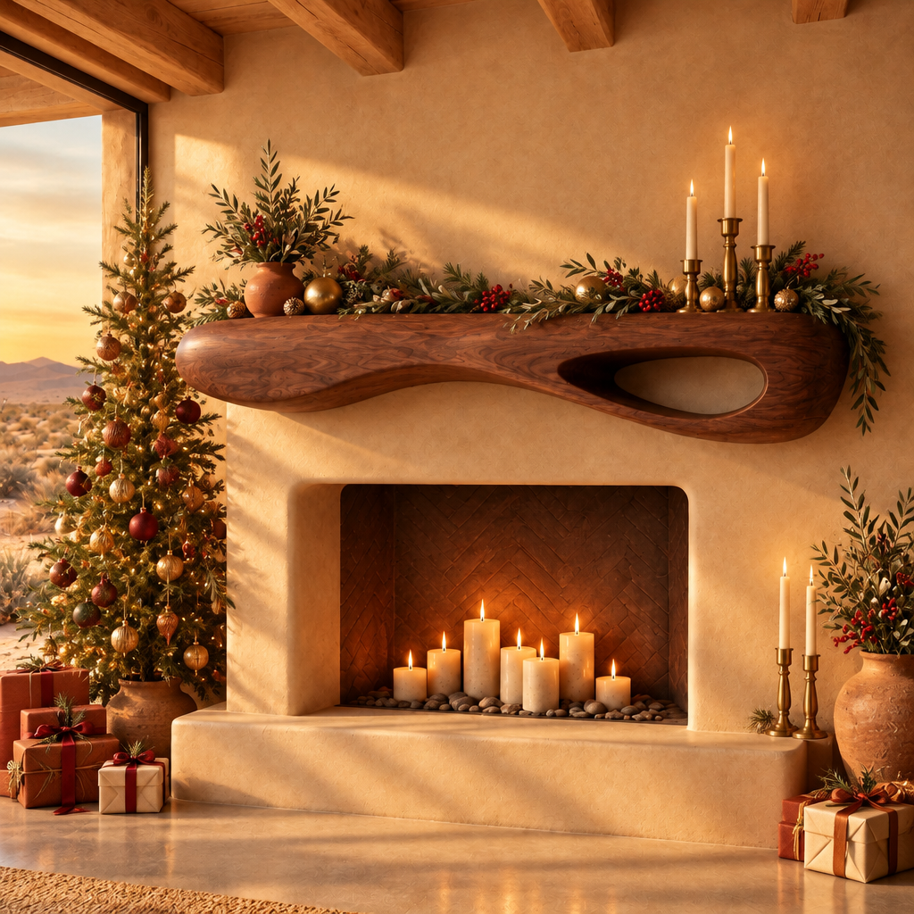 Mojave Sculpted Floating Shelf Mantel in a Christmas living room