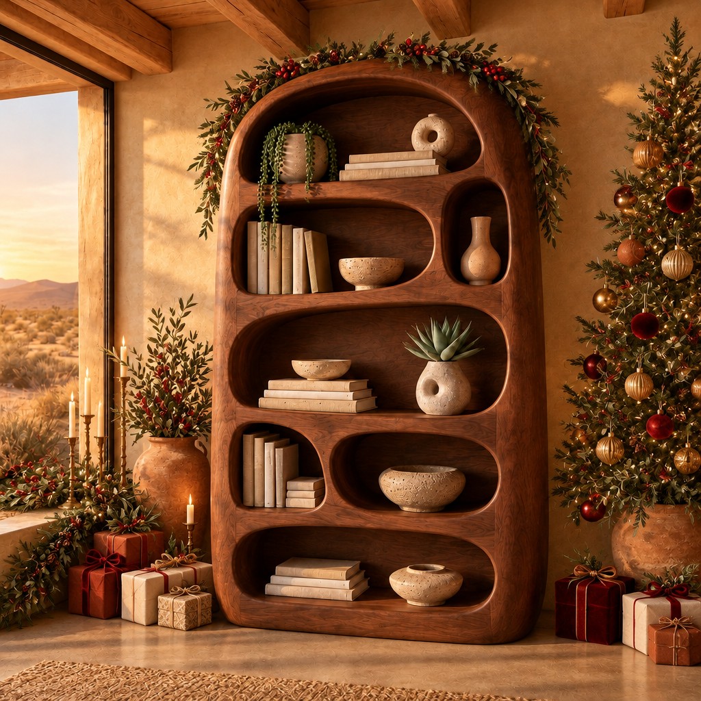 Mojave Sculpted Arch Bookshelf in a Christmas living room