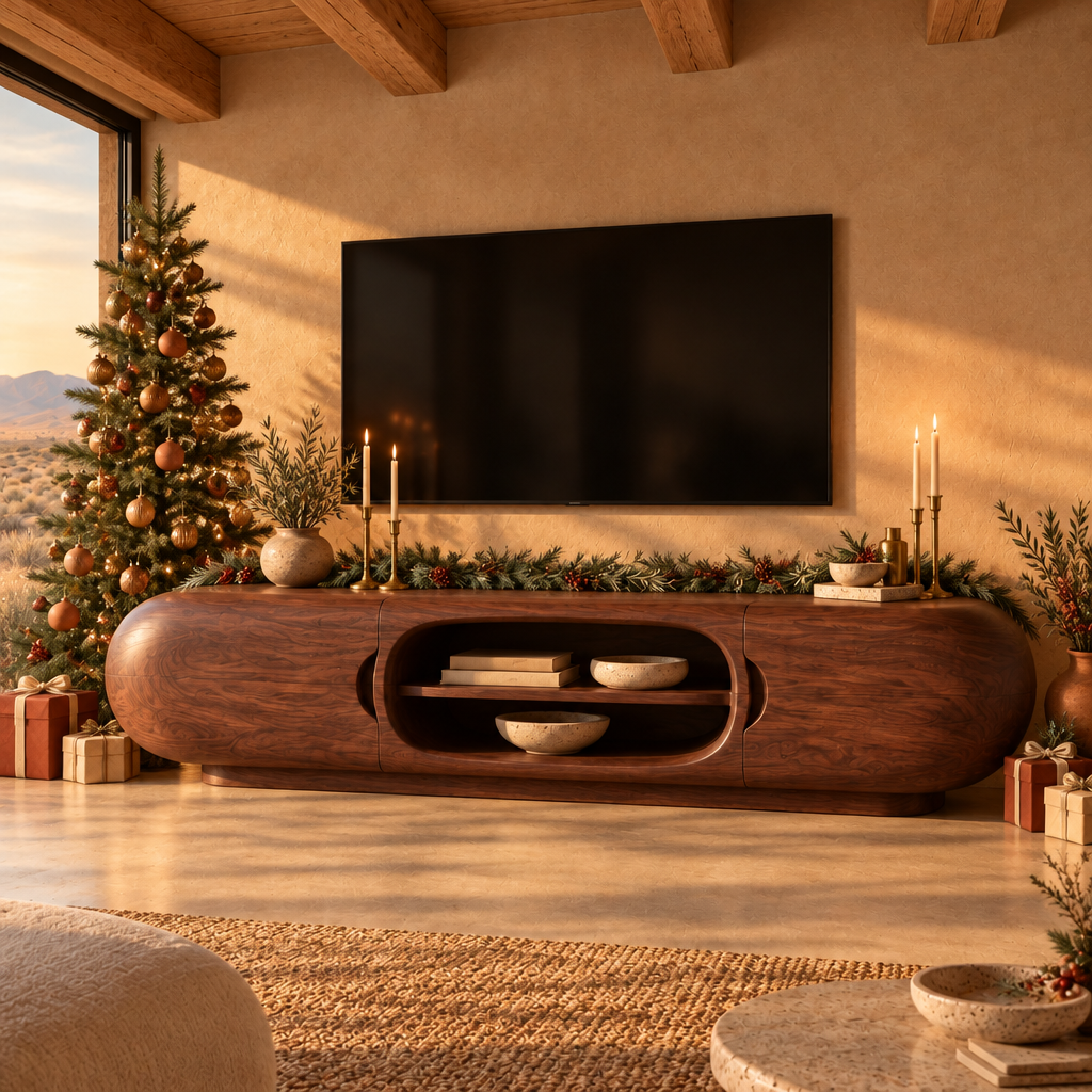 Mojave Sculpted Media Console in a Christmas living room