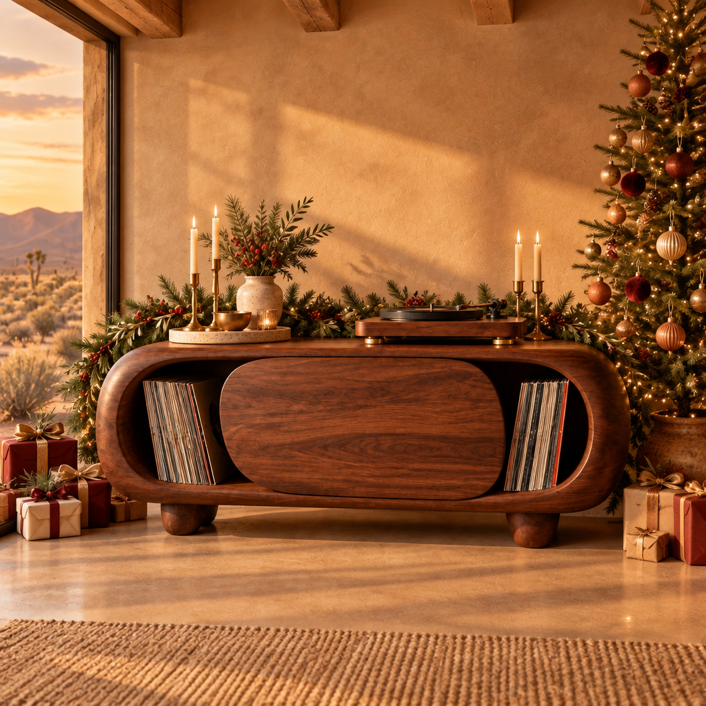Mojave Sculpted Record Console in a Christmas living room