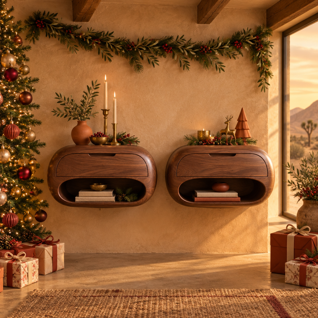 Mojave Pebble Nightstands, Set of 2 in a Christmas living room