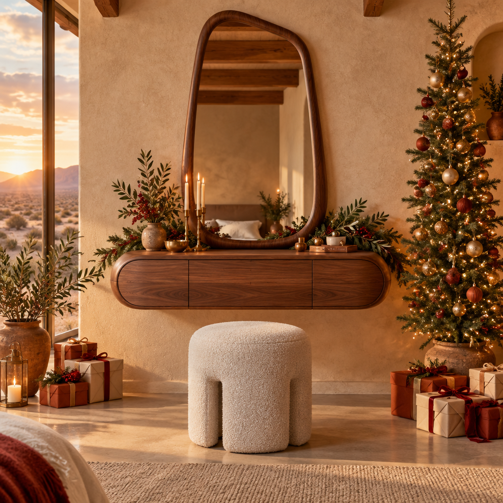Mojave Sculpted Dressing Table with Mirror in a Christmas living room