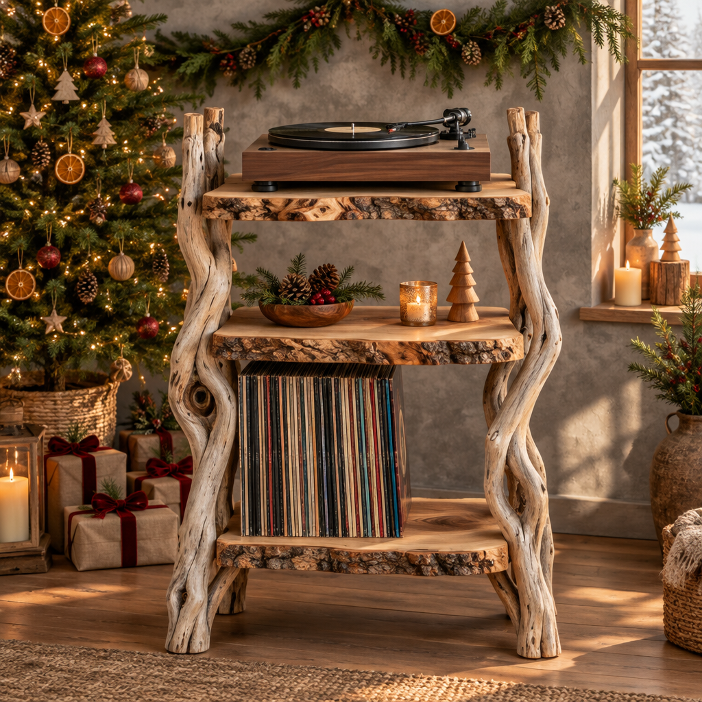 Tidewood Driftwood Record Stand in a Christmas living room