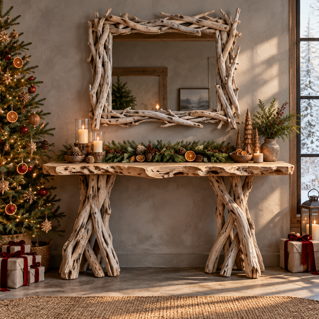 Tidewood Driftwood Console and Mirror Set in a Christmas living room