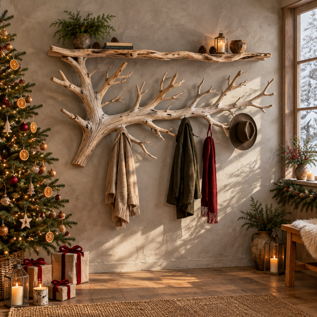 Tidewood Branch Wall Coat Rack in a Christmas living room