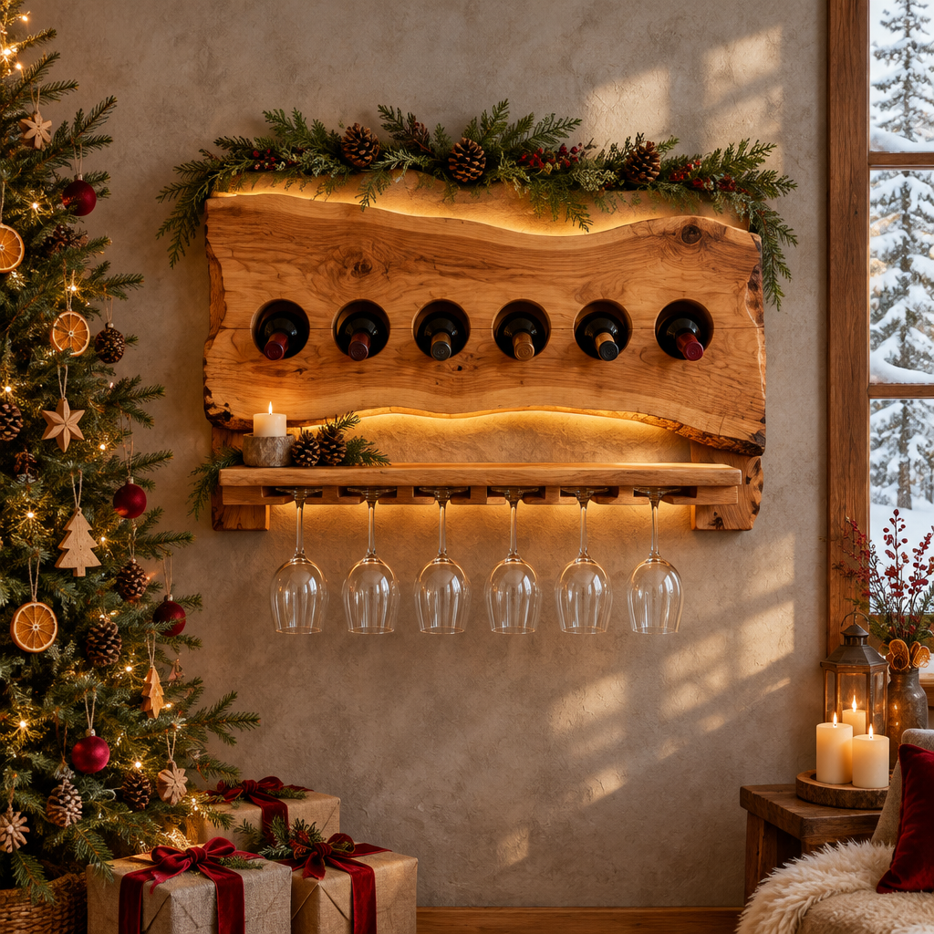 Tidewood Live-Edge Floating Wine Shelf in a Christmas living room