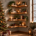 Tidewood Live-Edge Corner Shelf Set in a Christmas living room