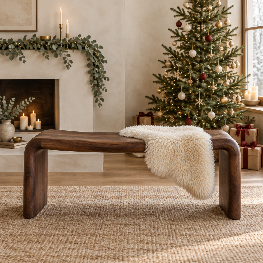 Sora Curved Bench in a Christmas living room